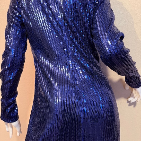 Bebe Blue Sequin Longsleeve Deep Plunge Sheer Panel Dress - Picture 10 of 12